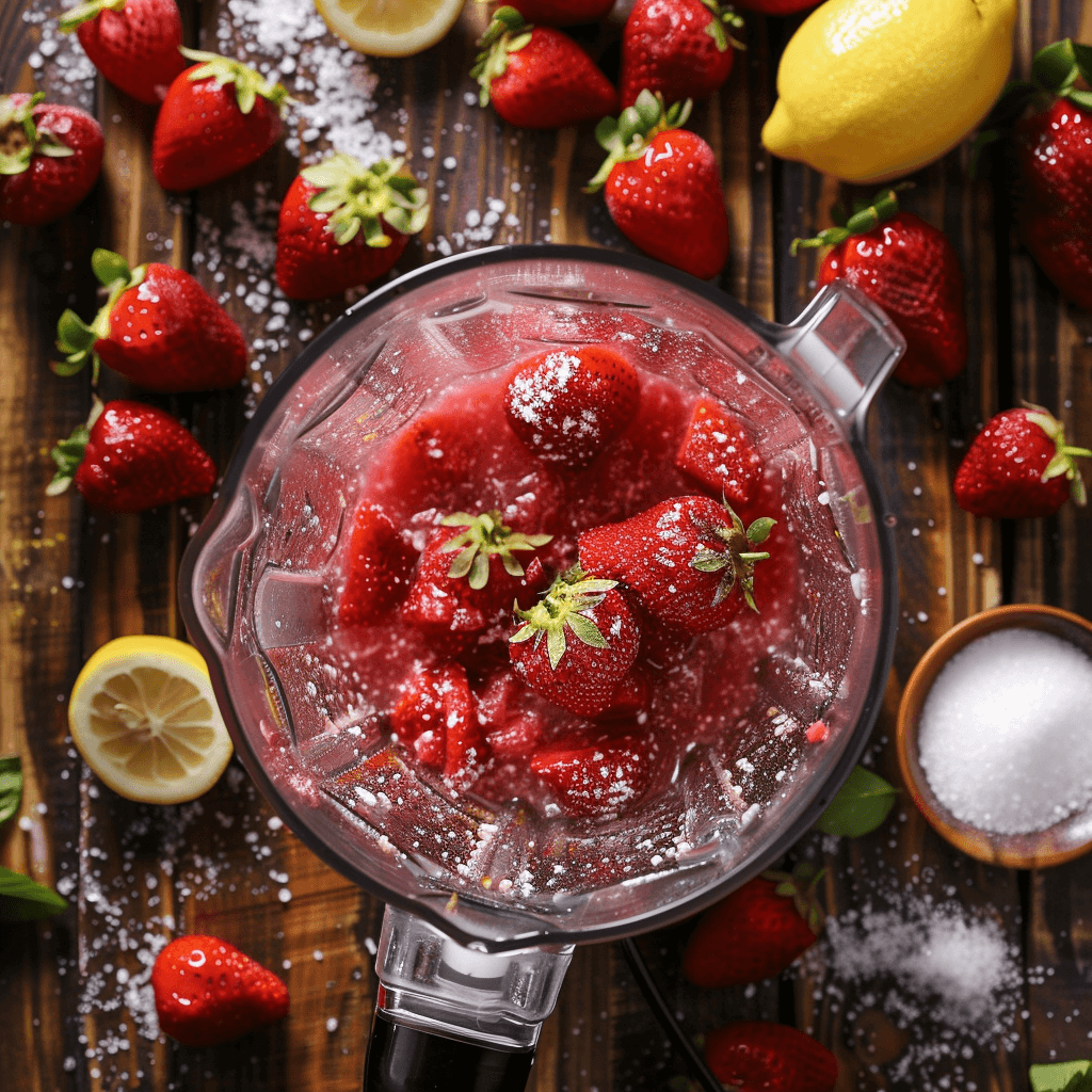 Blending fresh strawberries, sugar, and water to make Strawberry Granita mixture in a blender.