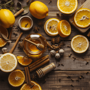 Fresh oranges, lemons, honey, and spices for making Boilo.