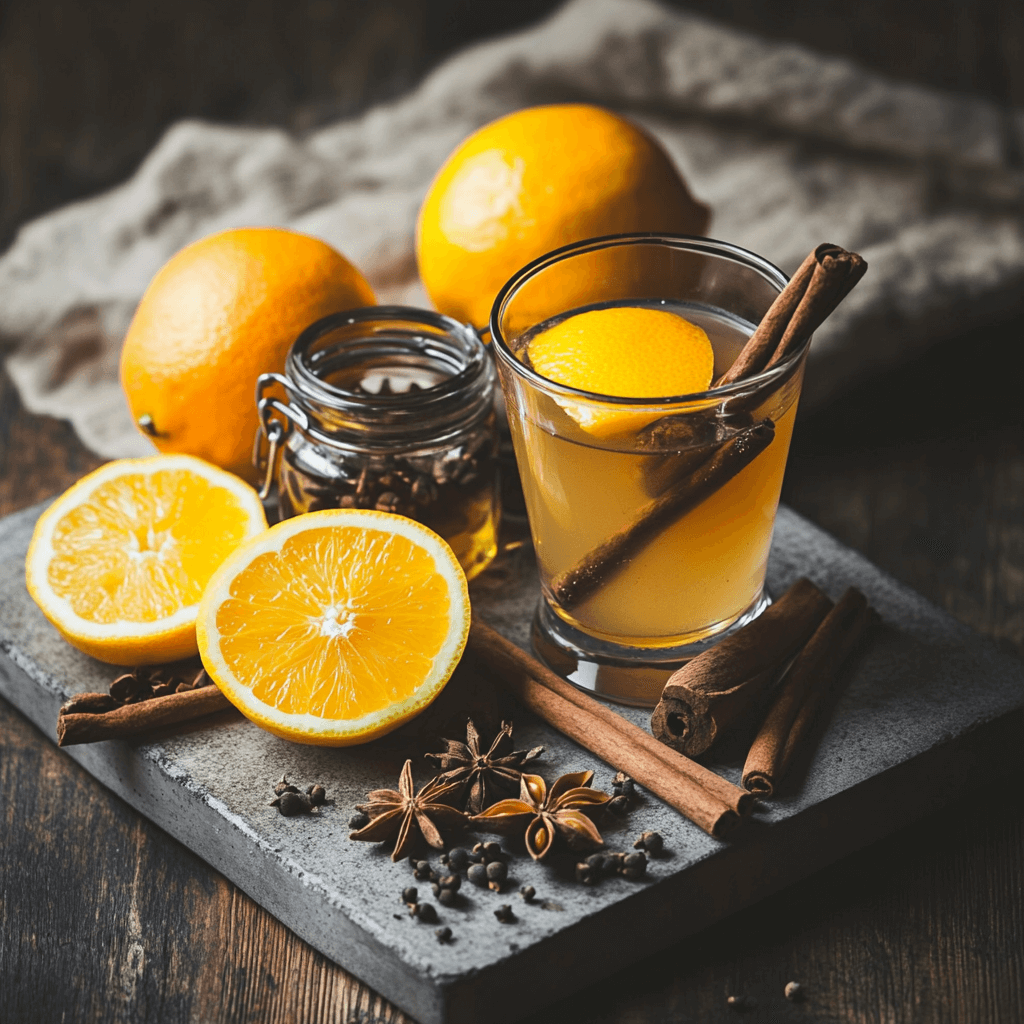 A glass of Boilo on a concrete table with fresh ingredients for making Boilo, including sliced oranges, lemons, a jar of honey, cinnamon sticks, star anise, and cloves