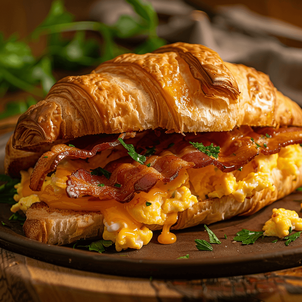 Golden croissant sandwich filled with scrambled eggs, crispy bacon, and melted cheese.