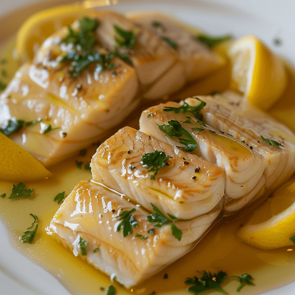 Butter-poached sturgeon fillets with herbs and lemon slices