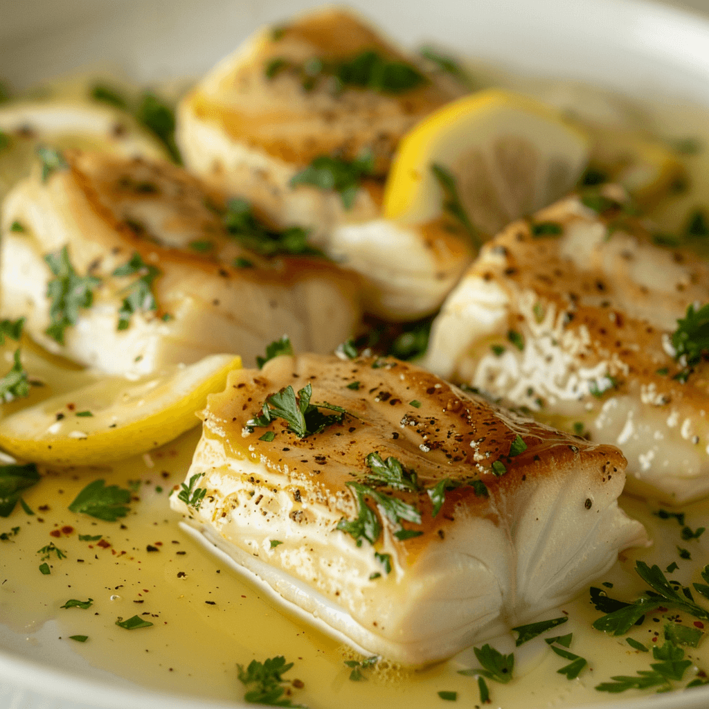 Tender butter-poached sturgeon served with steamed asparagus and a golden butter drizzle.