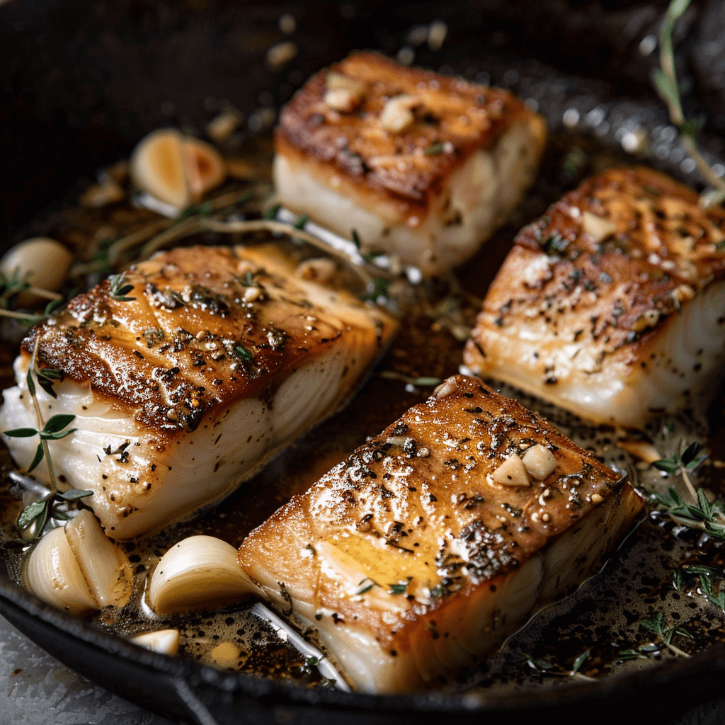 Sturgeon fillets butter-poaching in a skillet with garlic and thyme