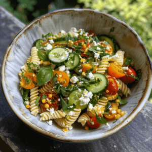 Cellentani Pasta Salad with fresh vegetables and lemon dressing