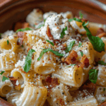 A bowl of creamy cellentani pasta with crispy bacon, ricotta cheese, and fresh basil.