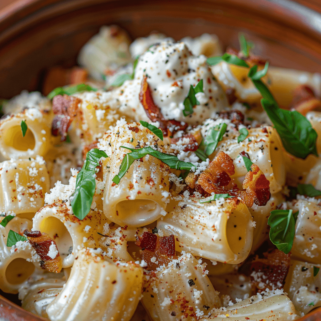 A bowl of creamy cellentani pasta with crispy bacon, ricotta cheese, and fresh basil.