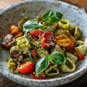 A bowl of cellentani pasta with pesto and colorful roasted vegetables