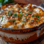 A bowl of baked pasta cellentani topped with melted cheese and fresh parsley.