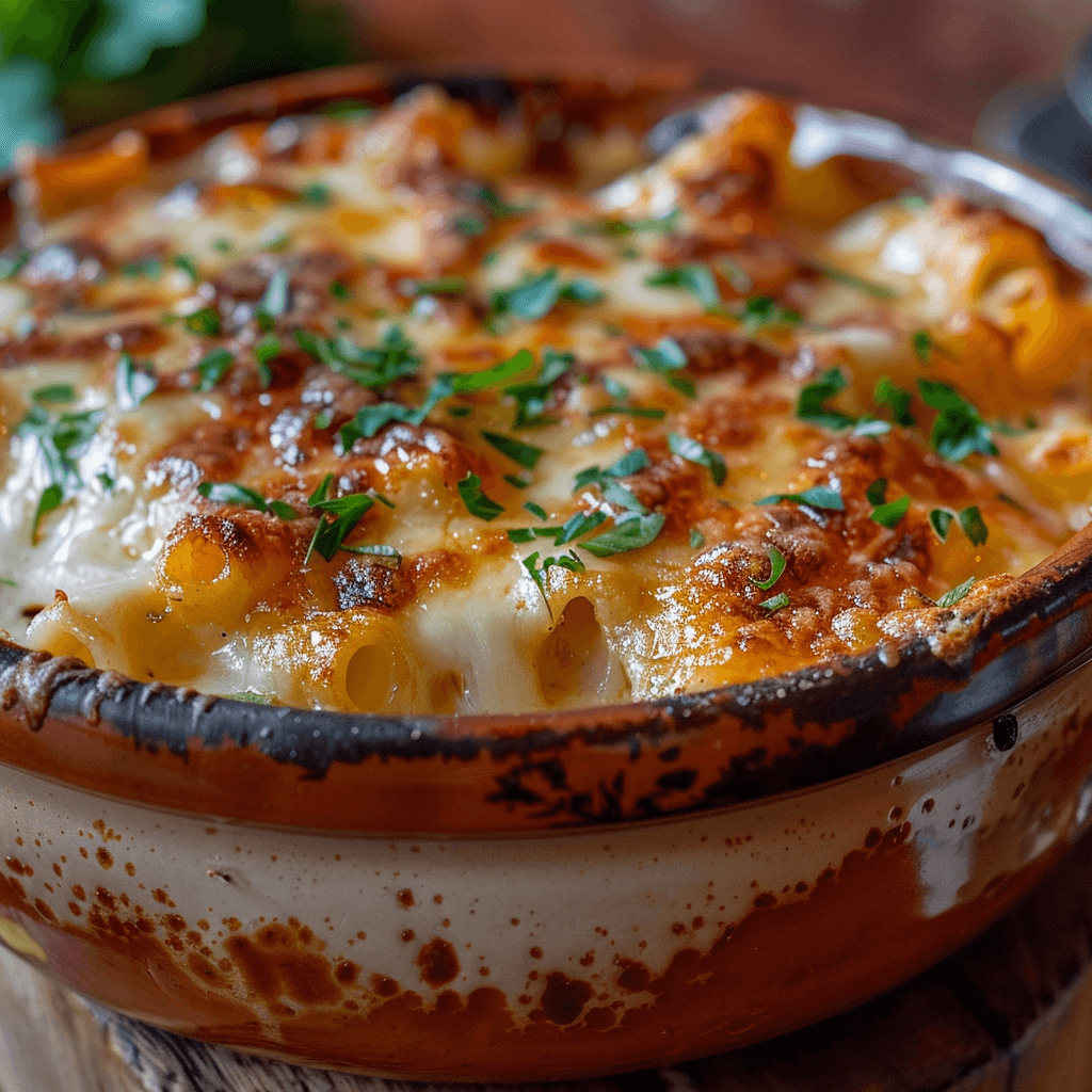 A bowl of baked pasta cellentani topped with melted cheese and fresh parsley.