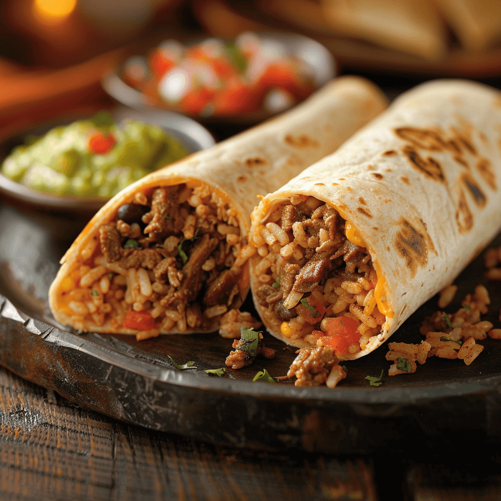 Close-up of a cheesy beef burrito cut in half, revealing seasoned beef, melted cheese, and Spanish rice inside a soft flour tortilla.