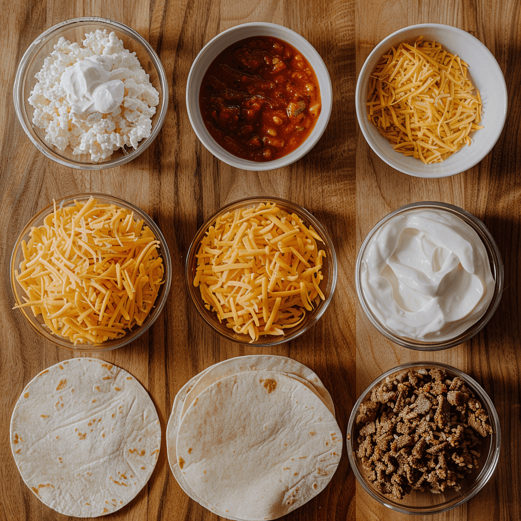 Flour tortillas, cooked beef, shredded cheese, nacho cheese sauce, sour cream, and Spanish rice arranged neatly on a kitchen counter.