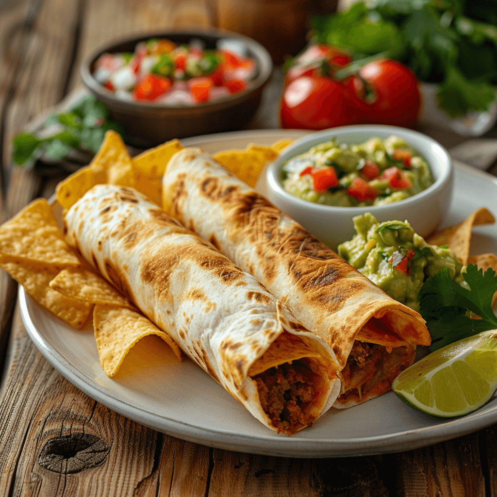 Golden brown cheesy beef burritos on a plate with sides of guacamole, salsa, and tortilla chips for a complete meal.