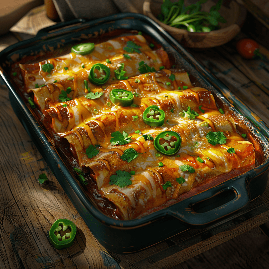 Baked pork enchiladas topped with enchilada sauce, melted cheddar cheese, and fresh cilantro served in a casserole dish.