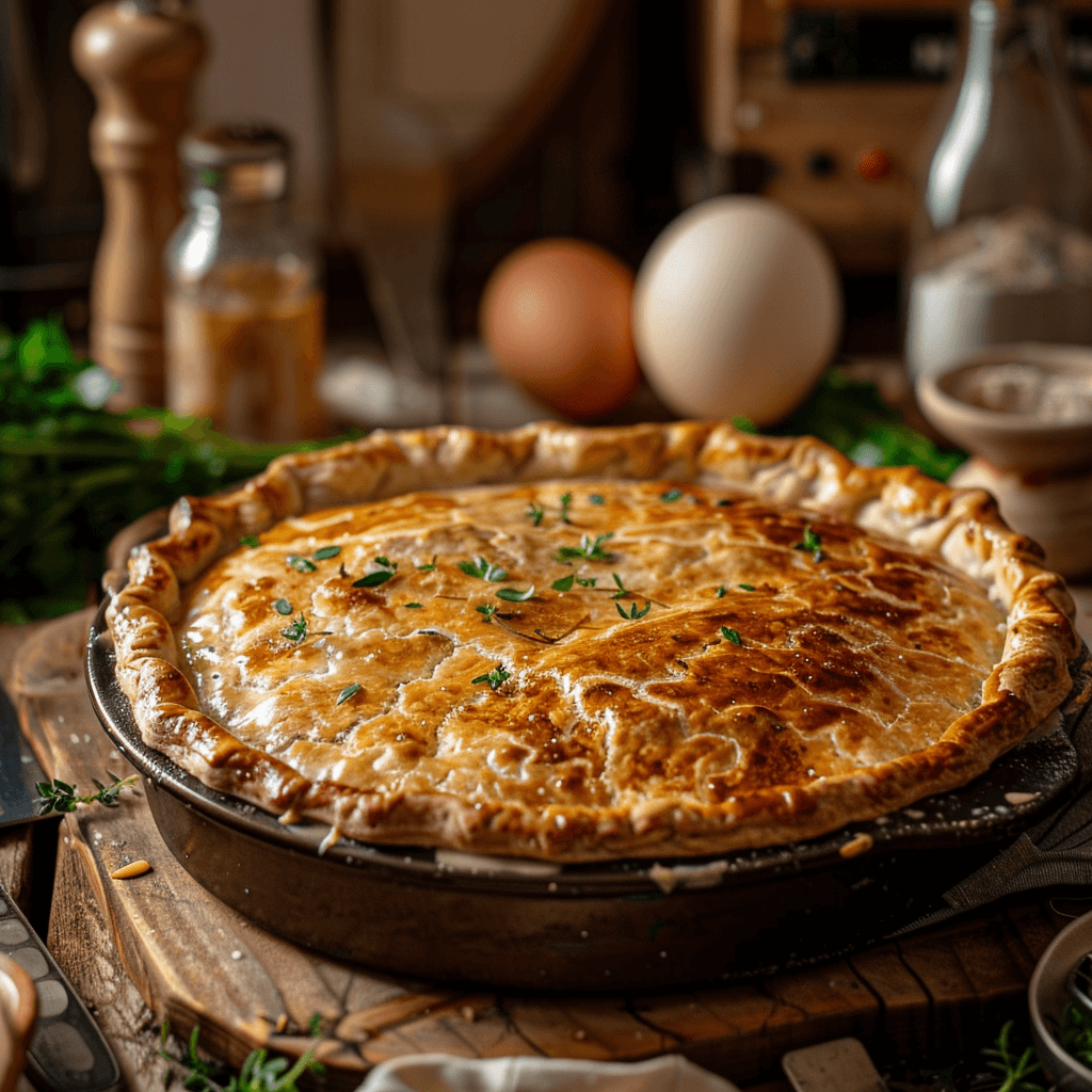 A chicken pot pie brushed with egg wash, ready to be placed in the oven.