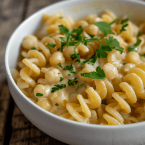 A beautifully styled plate of Chickpea Cream Cellentani garnished with fresh parsley and black pepper, served in a white ceramic bowl.