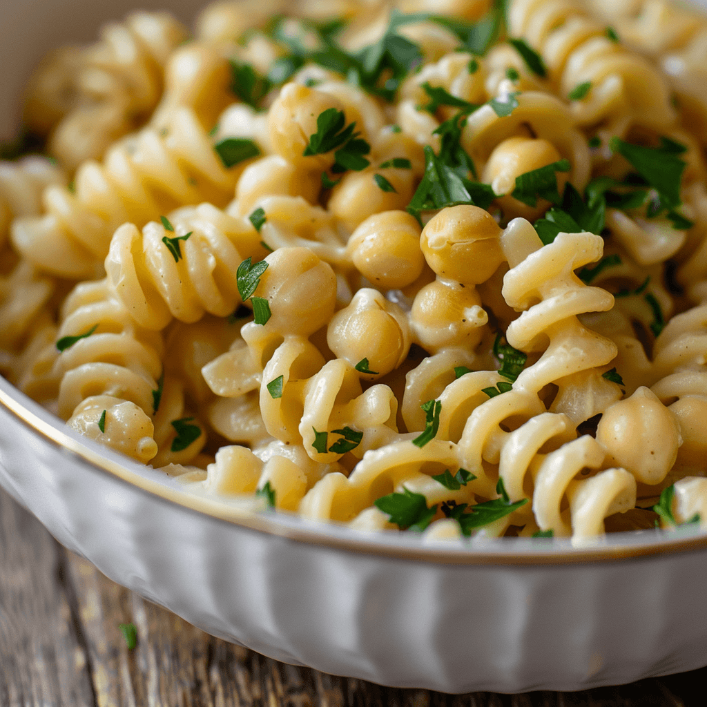 Chickpea Cream Cellentani served in a white bowl garnished with fresh parsley.