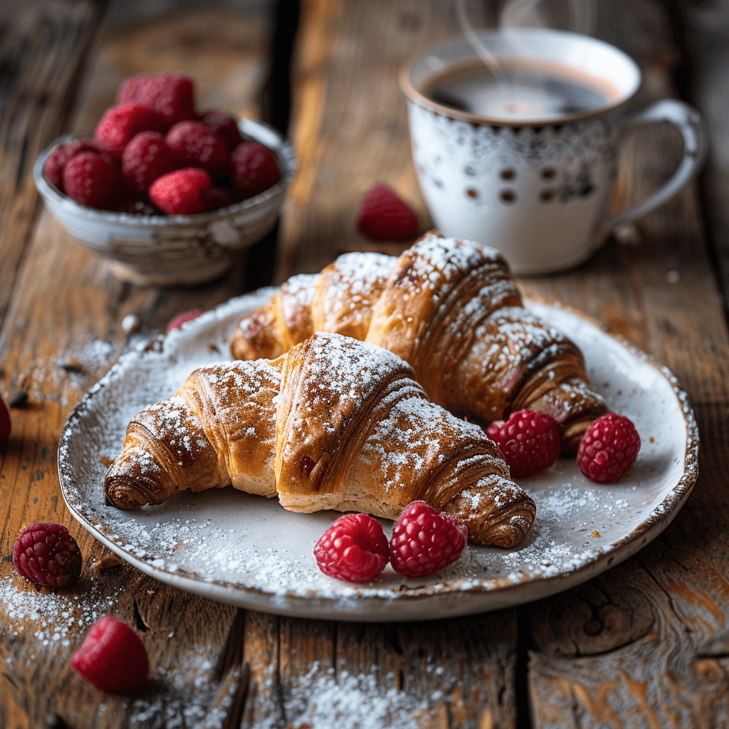 Chocolate croissants served on a plate with coffee, raspberries, and powdered sugar.