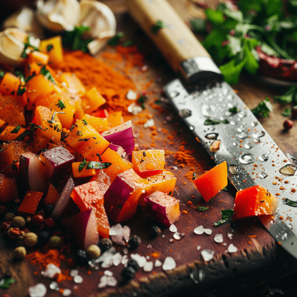 Hands chopping colorful vegetables like carrots, bell peppers, and cucumbers on a wooden cutting board.