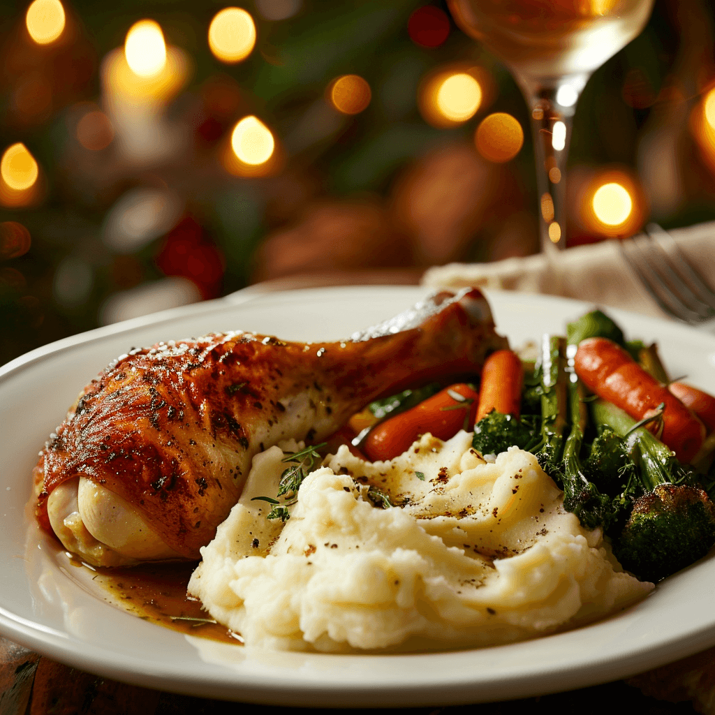 Classic mashed potatoes served alongside roast chicken and vegetables.