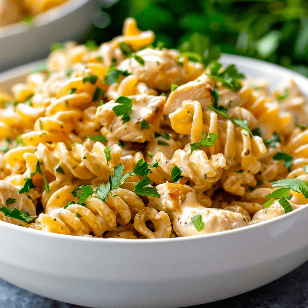 Close-up of Creamy Chicken Cellentani pasta with creamy sauce.