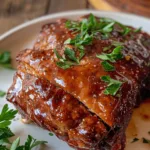 Ina Garten's classic meatloaf with a glossy glaze, served on a white plate with fresh herbs.