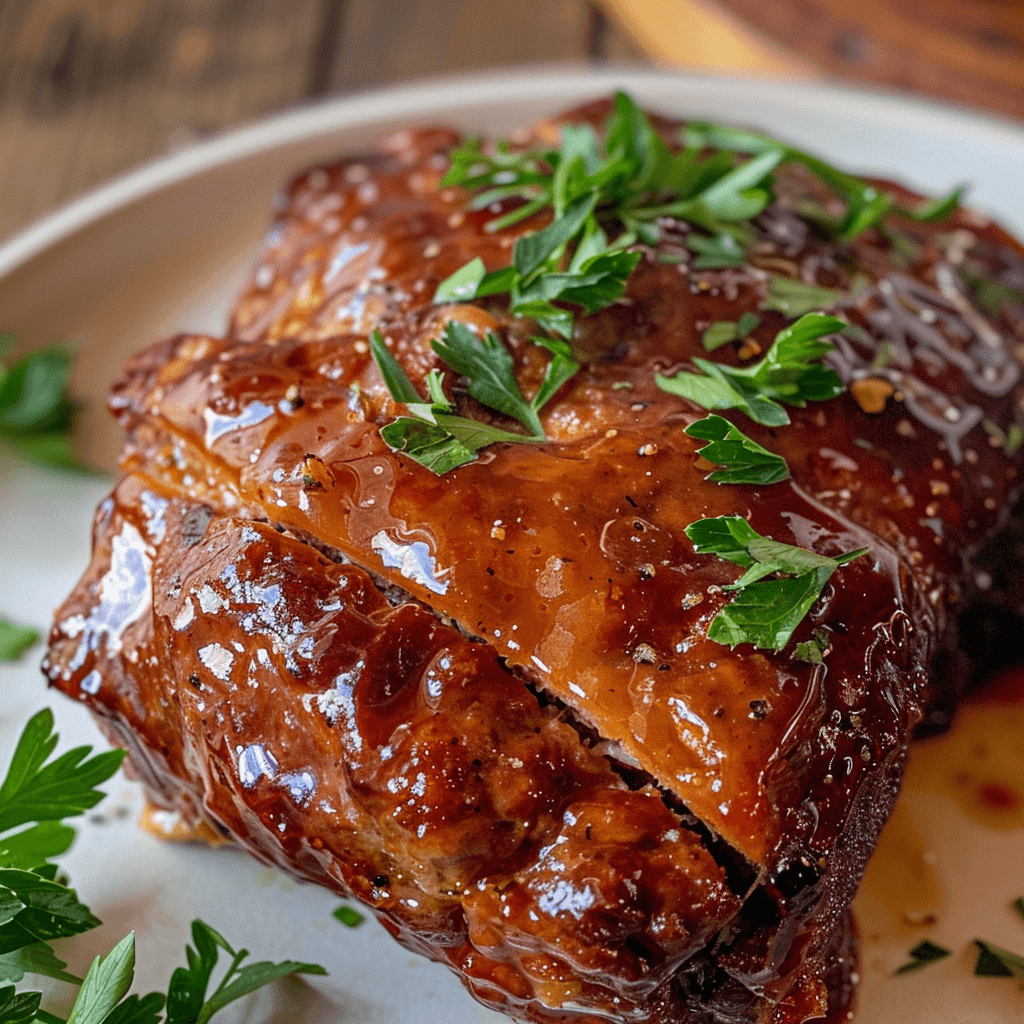 Ina Garten's classic meatloaf with a glossy glaze, served on a white plate with fresh herbs.