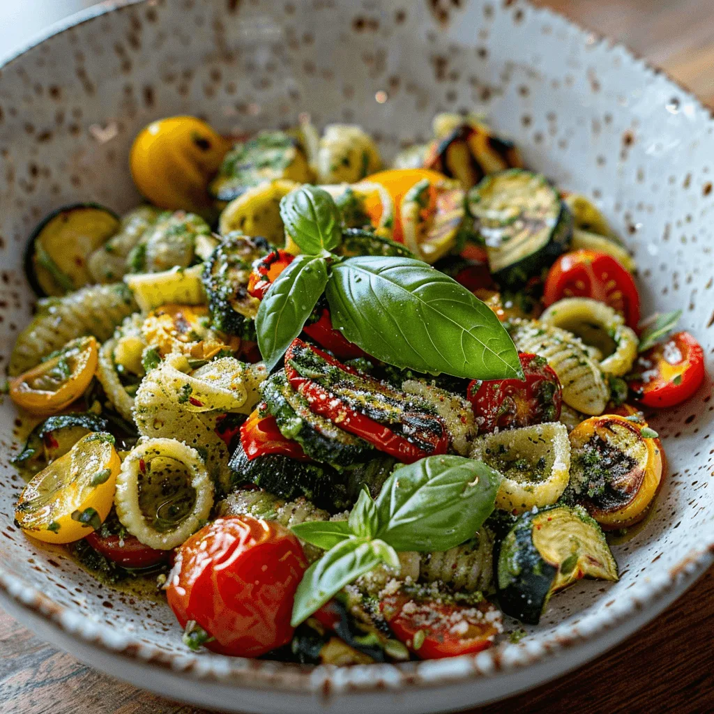 Close-up of pesto-coated cellentani pasta topped with roasted vegetables