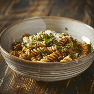 A close-up view of a bowl of Savory Ragout Cellentani with thick meat sauce and fresh garnishes.