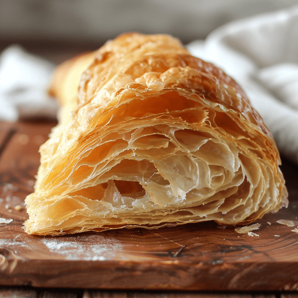 A flaky, buttery croissant torn in half showing airy layers inside.