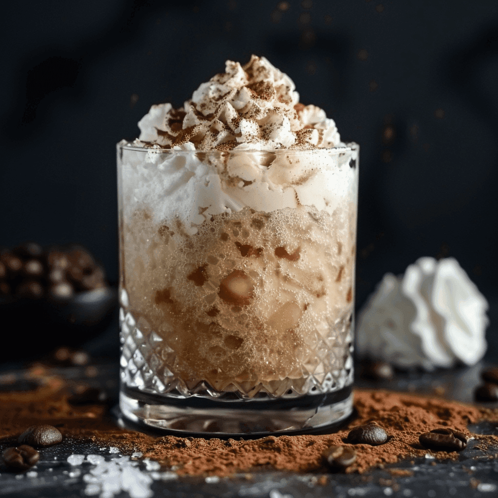 Coffee Granita in a glass, topped with whipped cream and cocoa powder, perfect for coffee lovers.