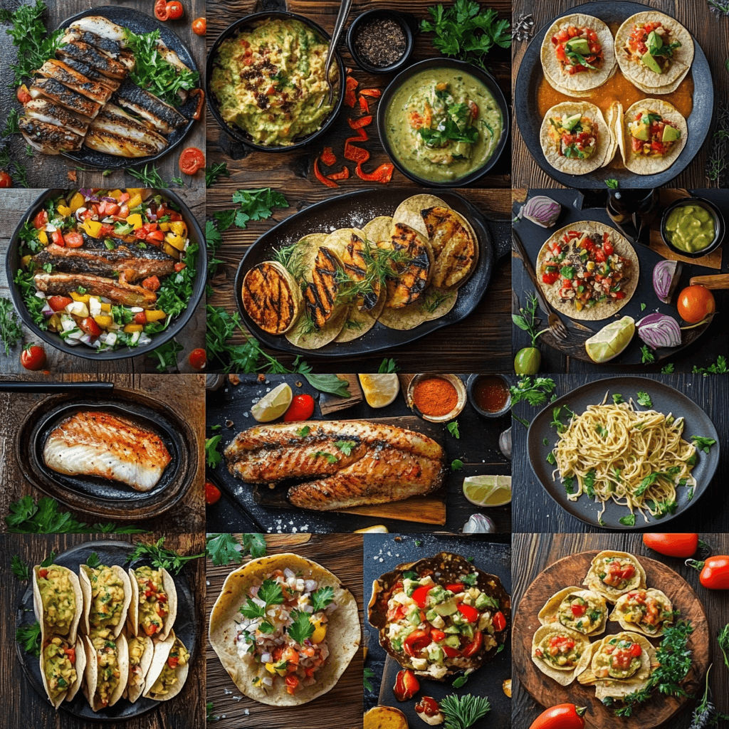 Collage of sturgeon recipes including grilled, poached, tacos, carbonara, and smoked dishes.