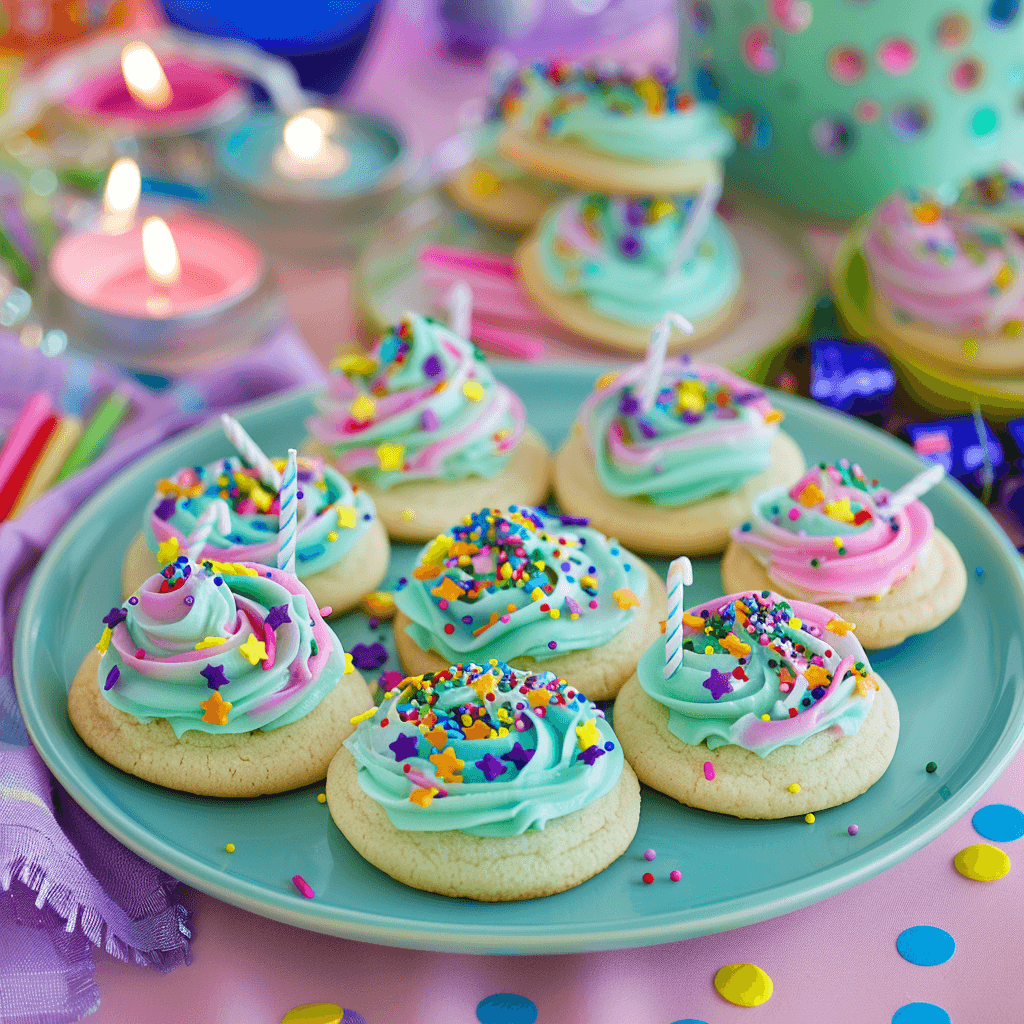 A plate of soft, chewy birthday cookies decorated with rainbow sprinkles and colorful frosting.