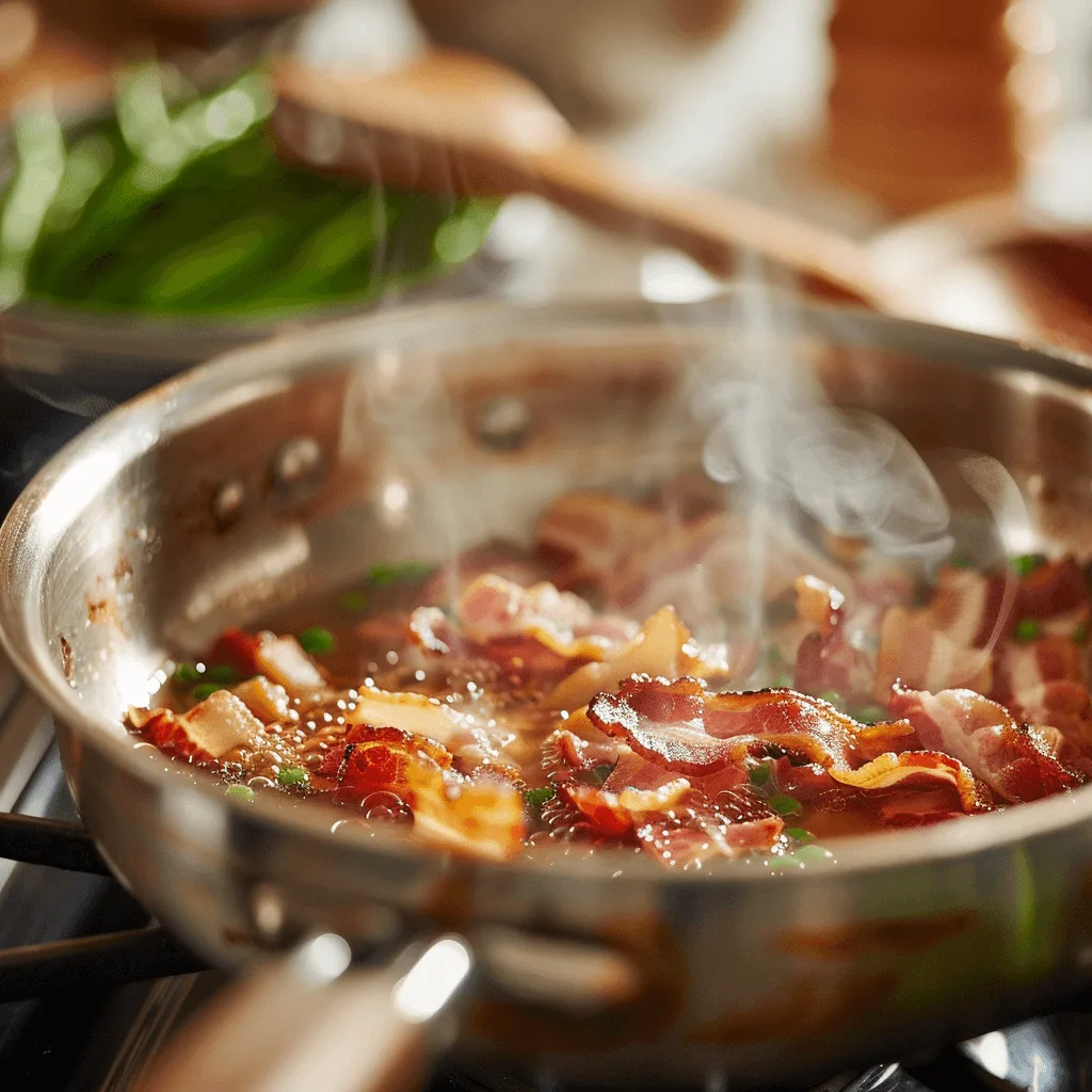 Bacon cooking in a pot for Southern-Style Green Beans.