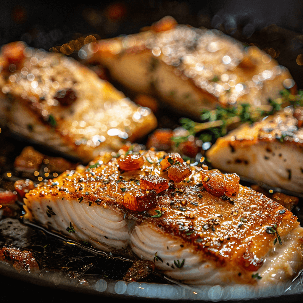 Sturgeon fillets cooking in a skillet with crispy pancetta