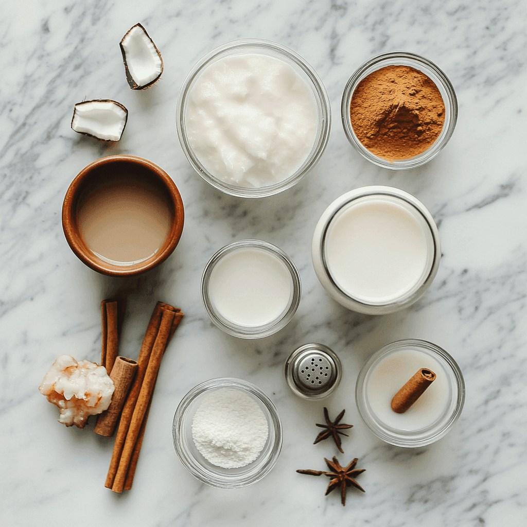 Coconut milk, cream of coconut, evaporated milk, rum, cinnamon, nutmeg, and vanilla extract on a kitchen counter.