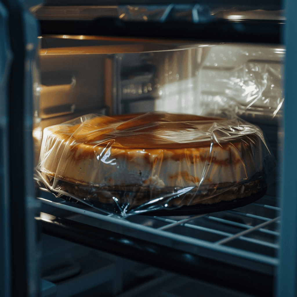 A baking dish of cream cheese flan covered with plastic wrap, stored in the refrigerator.