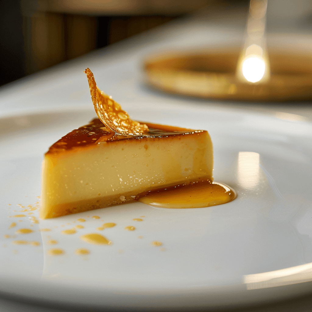 A slice of creamy cream cheese flan with golden caramel sauce drizzled on top, served on a white plate.