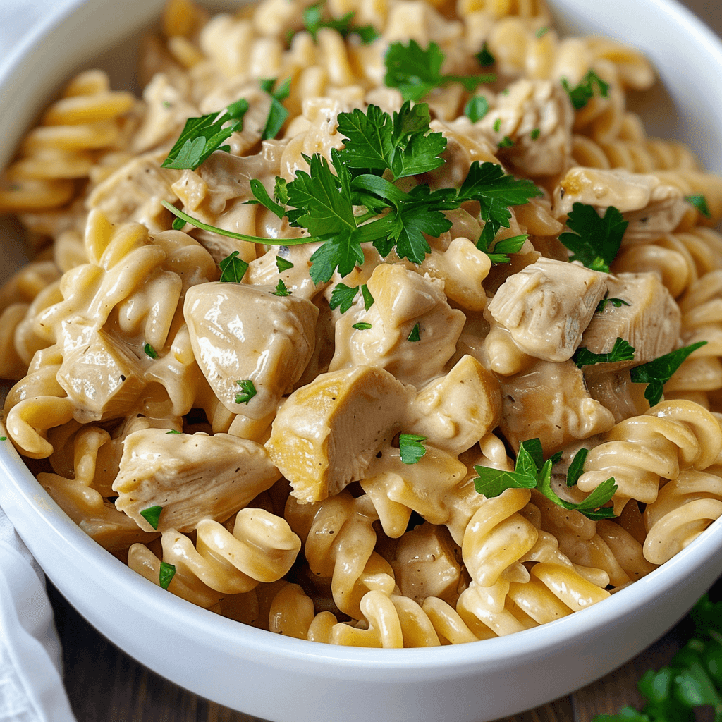 Creamy Chicken Cellentani pasta dish served in a white bowl.