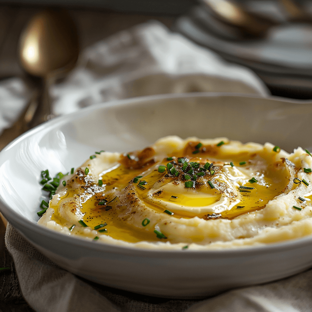 Creamy classic mashed potatoes served in a white bowl with a pat of butter on top