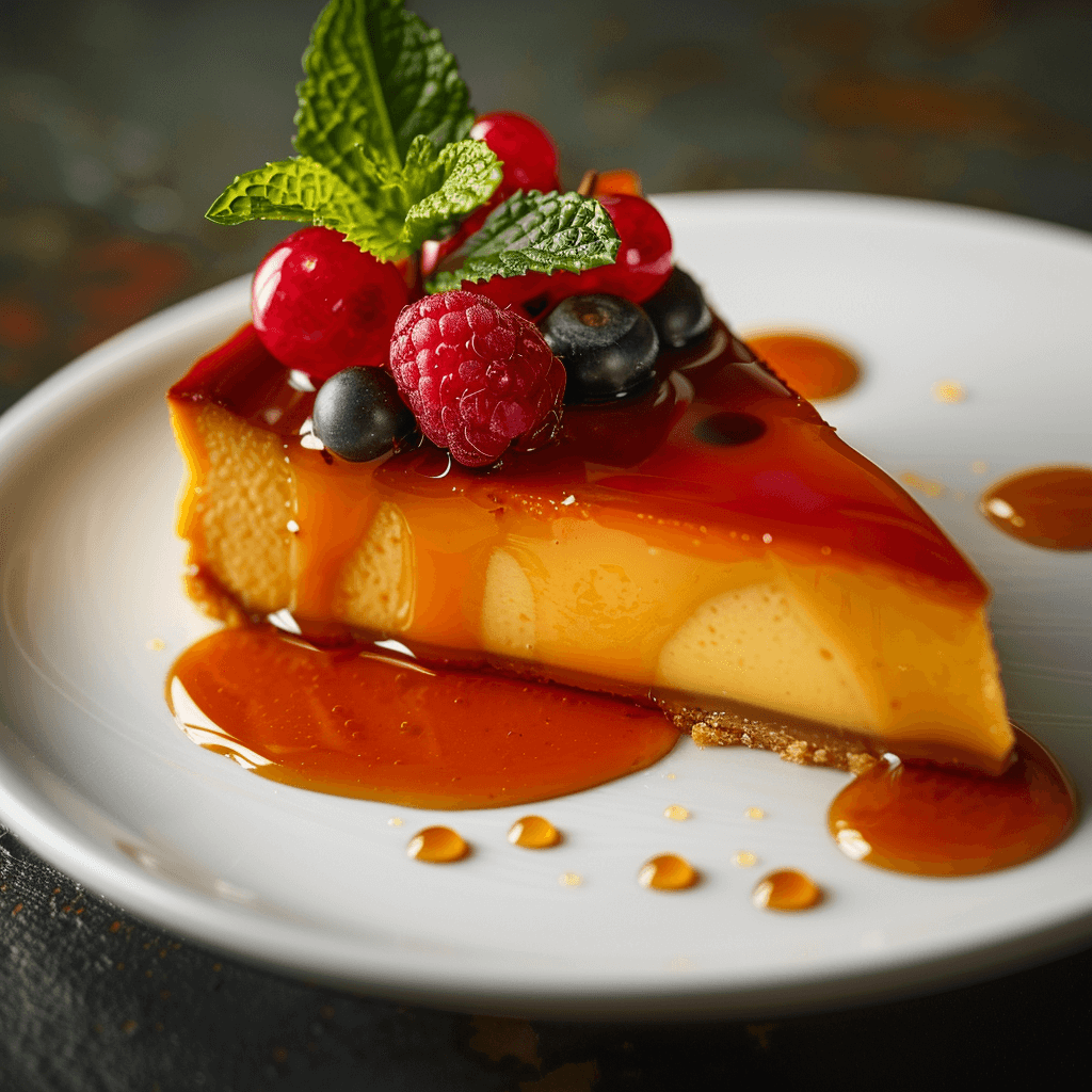 A slice of creamy dulce de leche flan on a white plate, drizzled with caramel sauce and garnished with fresh berries.