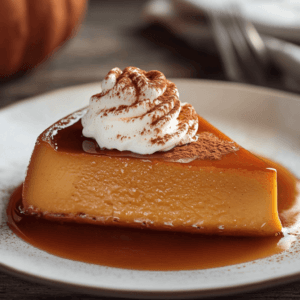 A slice of creamy pumpkin flan on a white plate, garnished with whipped cream and a sprinkle of cinnamon.