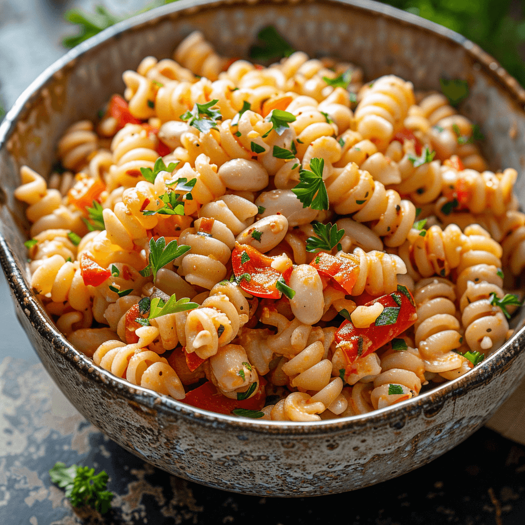 Red Pepper White Bean Cellentani served in a white ceramic dish with a side of garlic bread.