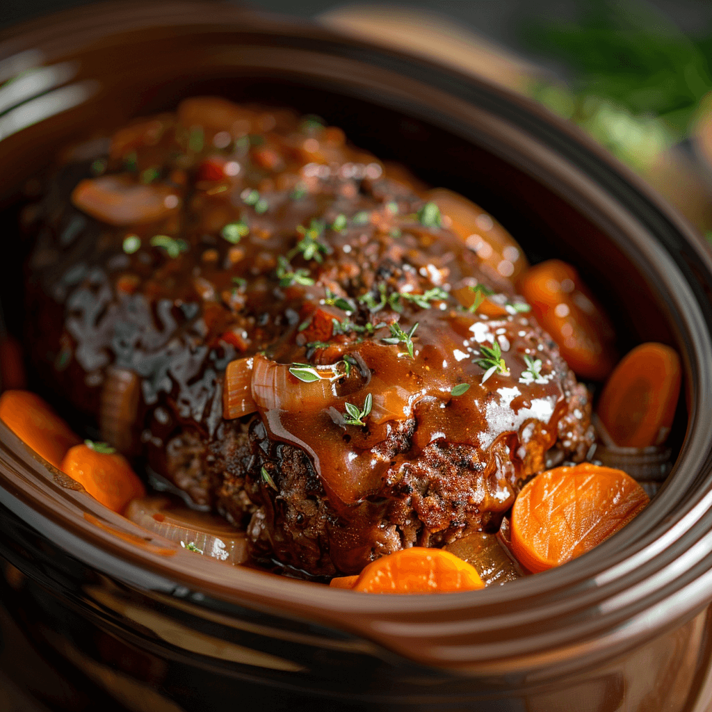 A beautifully arranged Crockpot Meatloaf topped with a glossy glaze, surrounded by sliced onions and carrots in a crockpot