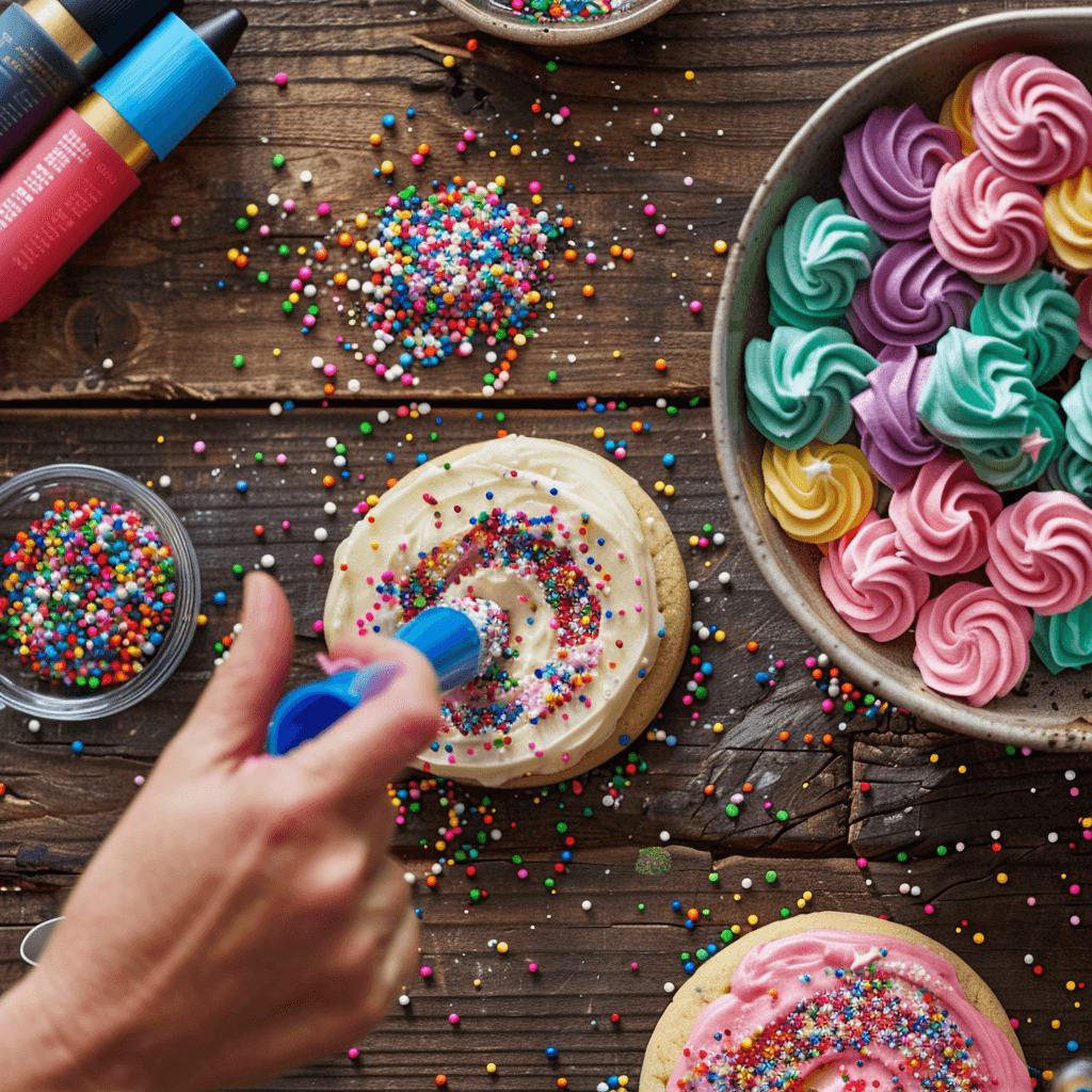 A hand holding a piping bag decorating a birthday cookie with colorful frosting and sprinkles.