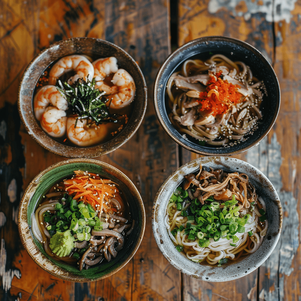 Four bowls of Okinawa Soba with different toppings and variations.