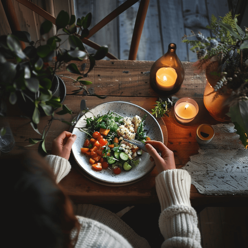 A person enjoying a meal while seated at a table with no phones or devices in sight.