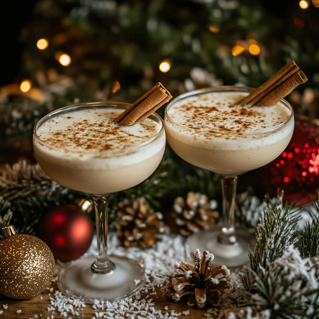 Two glasses of coquito garnished with cinnamon sticks, nutmeg, and coconut flakes on a Christmas-themed table.