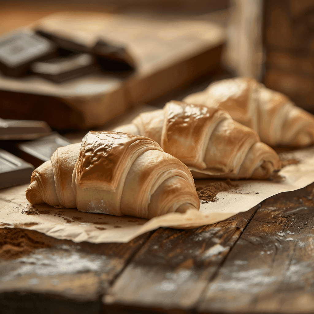 Croissant dough being rolled with chocolate bars inside on a floured surface.