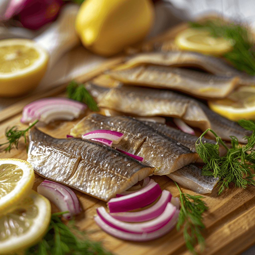 Freshly flaked matjes herring ready to be placed into the Matjesbrötchen rolls.