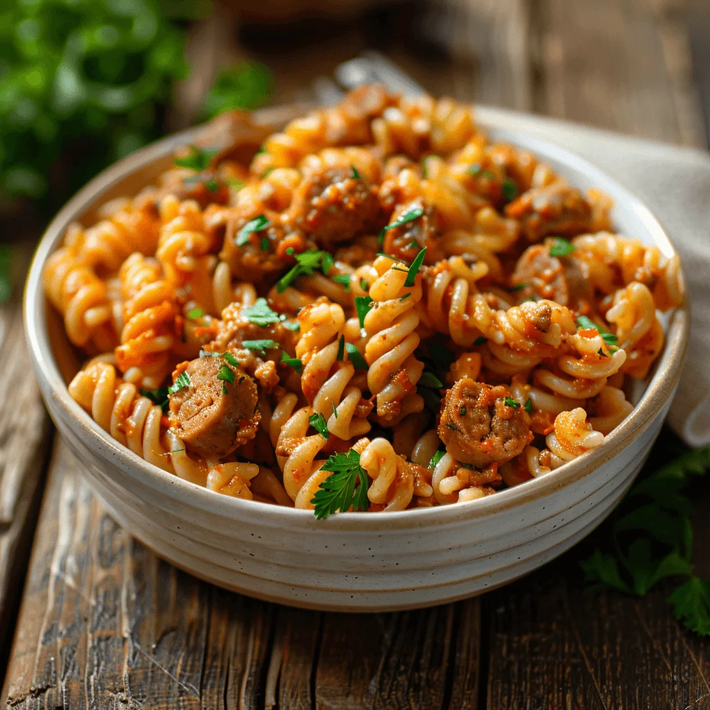 A bowl of Cellentani pasta mixed with spicy sausage and topped with basil and parsley.